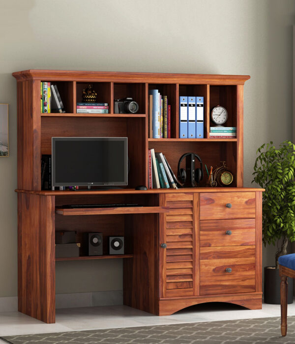 Jerold Study Table with Storage Cabinet and Shelves (Honey Finish)