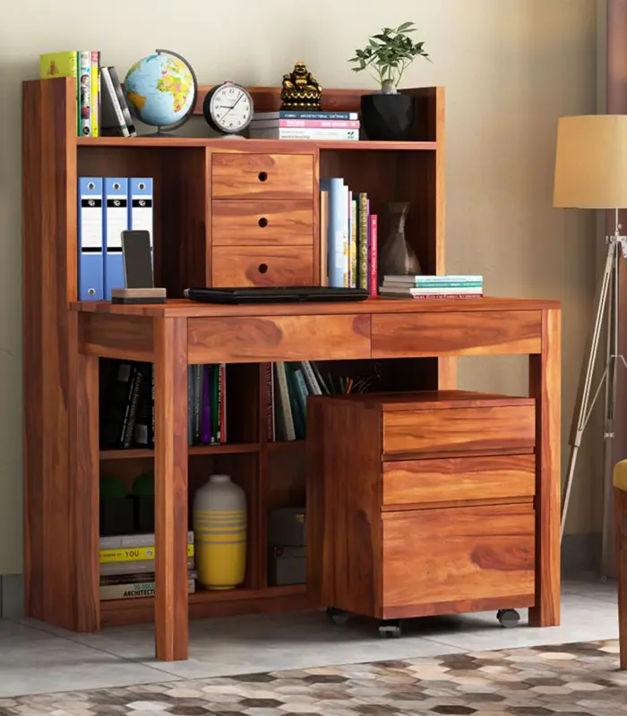 Fredo Sheesham Wood Computer Table Cum Shelf with Drawer Storage (Honey Finish)