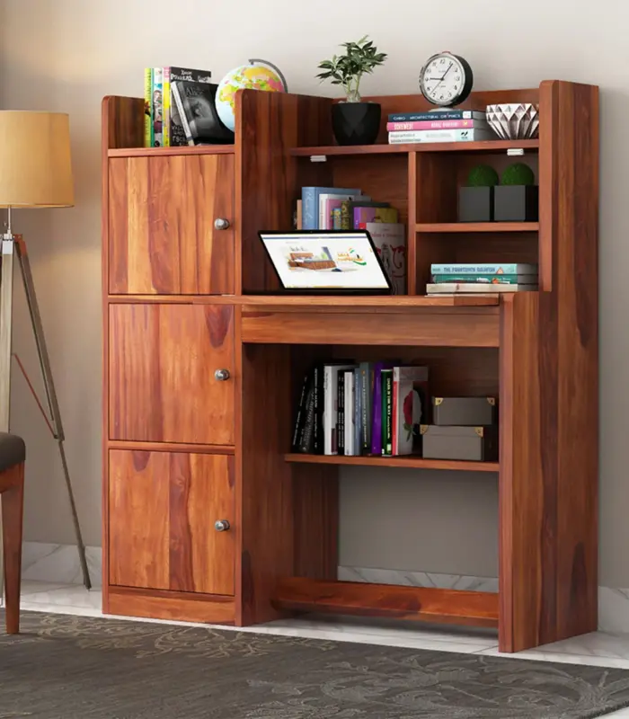 Canady Sheesham Wood Computer Table with Three Cabinets and Open Shelves (Honey Finish)