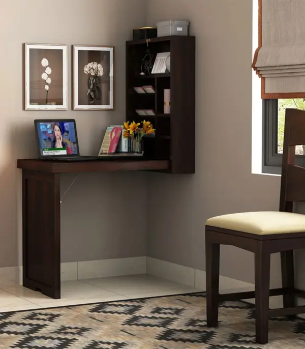 Volger Sheesham Wood Foldable Wall Mounted Table with Storage (Walnut Finish)
