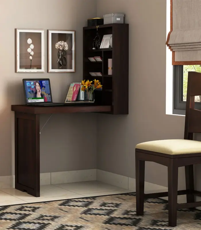 Volger Sheesham Wood Foldable Wall Mounted Table with Storage (Walnut Finish)