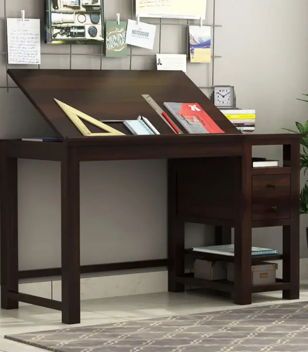 Bilgraham Sheesham Wood Study Cum Drafting Table with Drawer and Open Shelves (Walnut Finish)