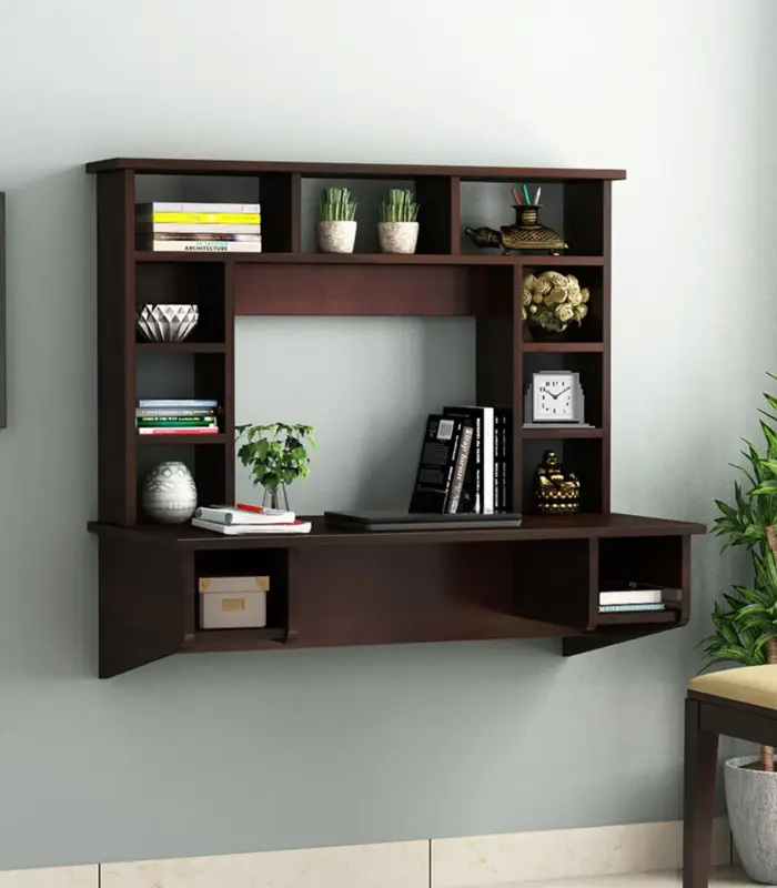 Gerdon Sheesham Wood Wall Mounted Study Table with Open Shelves (Walnut Finish)