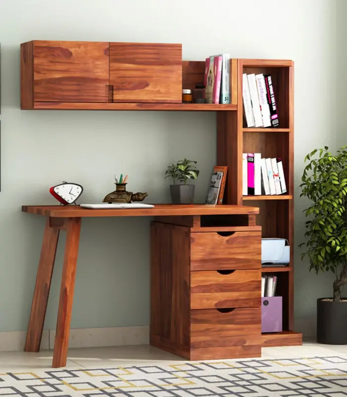 Grandom Sheesham Wood Study Table with Drawer Storage and Open Bookshelf (Honey Finish)
