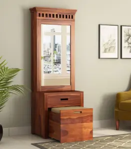 Arolph Sheesham Wood Dressing Table with Storage Cushioned Seating Stool (Honey Finish)