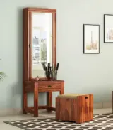 Telner Sheesham Wood Dressing Table with Storage Cushioned Seating Stool (Honey Finish)