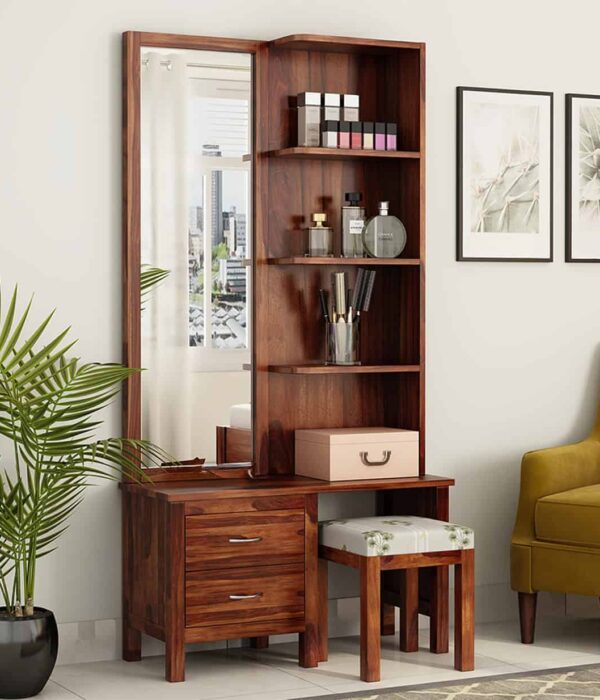 Edrina Sheesham Wood Dressing Table with Storage Drawers and Stool (Honey Finish)