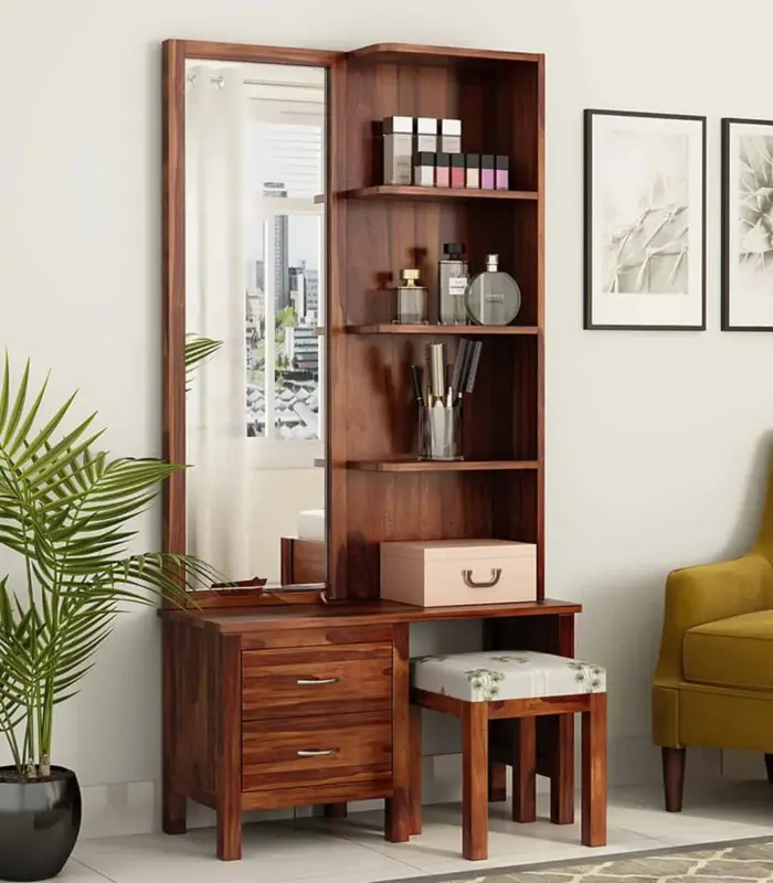 Edmina Sheesham Wood Dressing Table with Storage Drawer and Cushioned Seating Stool (Honey Finish)