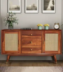 Oriana Sheesham Wood with Cane Craft Cabinet and Sideboard (Honey Finish)