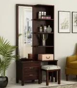 Edmina Sheesham Wood Dressing Table with Storage Drawer and Cushioned Seating Stool (Walnut Finish)