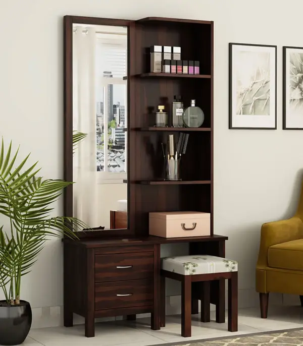 Edmina Sheesham Wood Dressing Table with Storage Drawer and Cushioned Seating Stool (Walnut Finish)