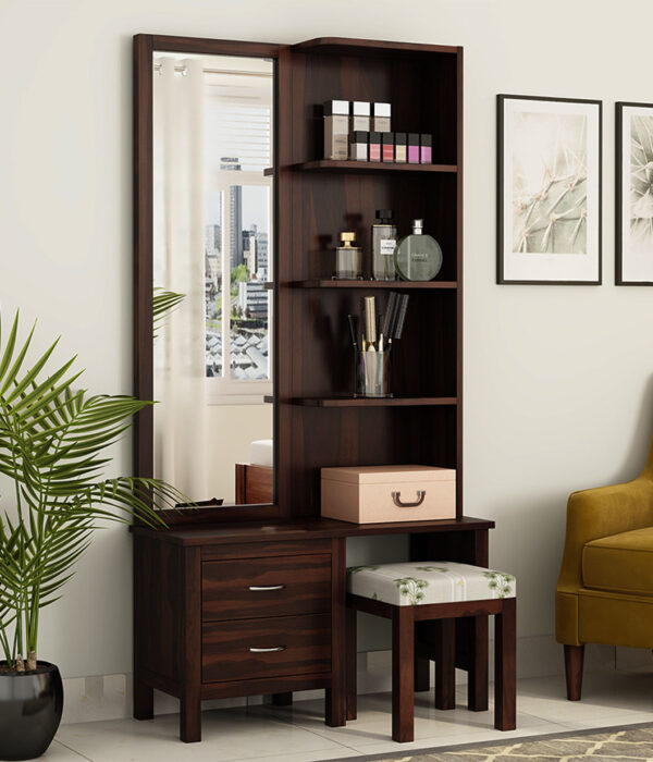 Edrina Sheesham Wood Dressing Table with Storage Drawers and Stool (Walnut Finish)