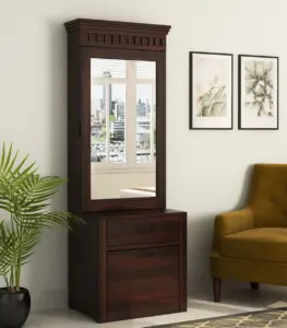 Arolph Sheesham Wood Dressing Table with Storage Cushioned Seating Stool (Walnut Finish)
