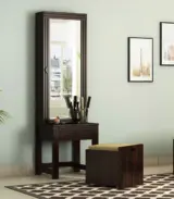 Telner Sheesham Wood Dressing Table with Storage Cushioned Seating Stool (Walnut Finish)