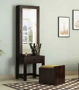 Telner Sheesham Wood Dressing Table with Storage Cushioned Seating Stool (Walnut Finish)