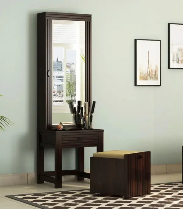 Telner Sheesham Wood Dressing Table with Storage Cushioned Seating Stool (Walnut Finish)