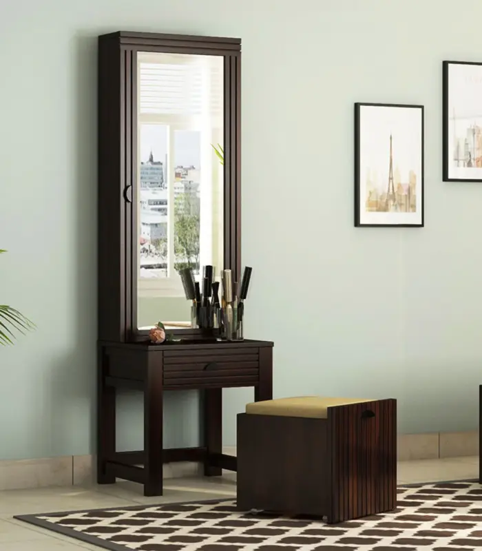 Telner Sheesham Wood Dressing Table with Storage Cushioned Seating Stool (Walnut Finish)