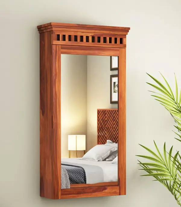 Arolph Sheesham Wood Wall Mounted Mirror with Storage (Honey Finish)