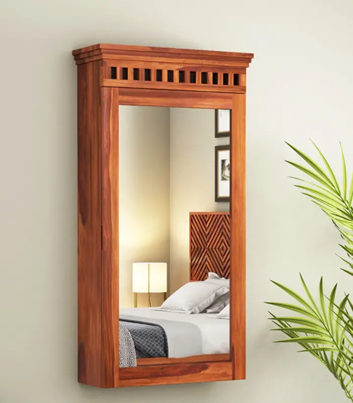 Arolph Sheesham Wood Wall Mounted Mirror with Storage (Honey Finish)