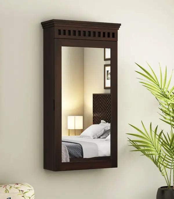 Arolph Sheesham Wood Wall Mounted Mirror with Storage (Walnut Finish)