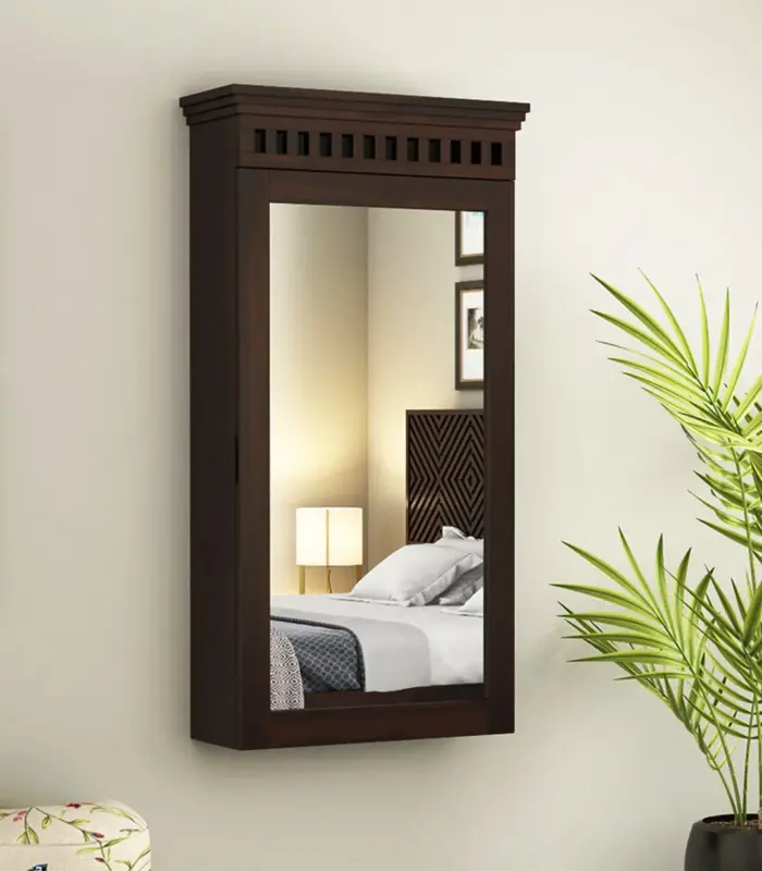 Arolph Sheesham Wood Wall Mounted Mirror with Storage (Walnut Finish)