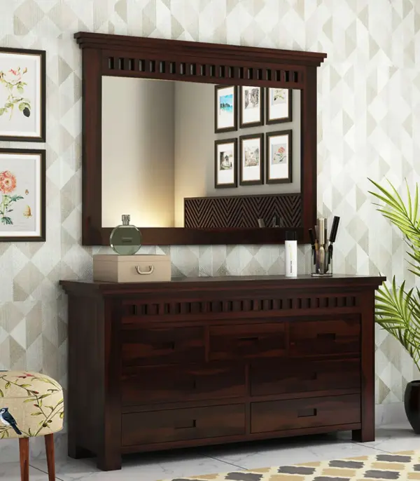 Arolph Sheesham Wood Wall Mounted Mirror with Drawer Storage Cabinet (Walnut Finish)