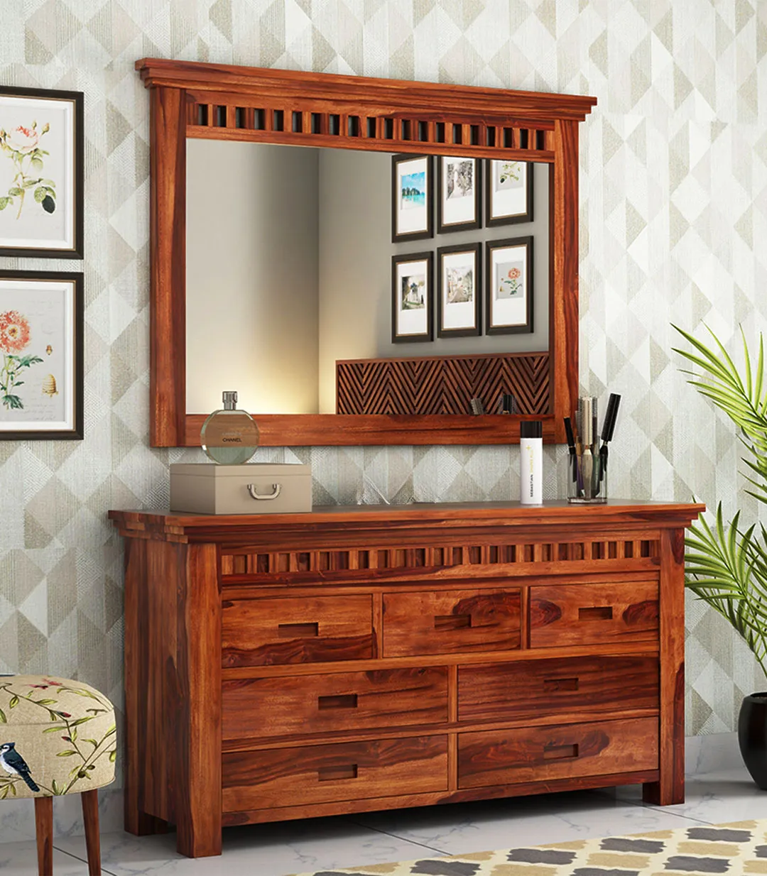 Arolph Sheesham Wood Wall Mounted Mirror with Drawer Storage Cabinet (Honey Finish)