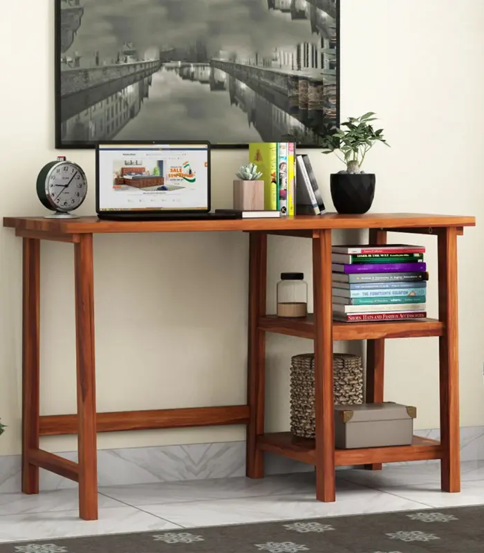 Renjake Sheesham Wood Computer Table with Shelves Storage (Honey Finish)