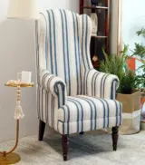 Dinon Mango Wood Frame with Cushioned Velvet Seating Lounge Chair (Blue Stripe with Walnut Finish)
