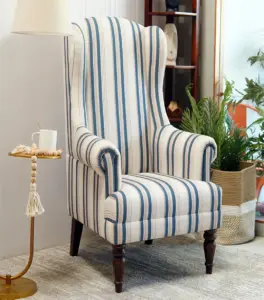 Dinon Mango Wood Frame with Cushioned Velvet Seating Lounge Chair (Blue Stripe with Walnut Finish)