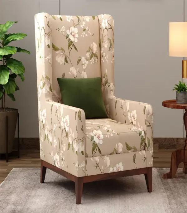 Johan Sheesham Wood Frame with Cushioned Velvet Seating Lounge Chair (Magnolia Beige with Walnut Finish)