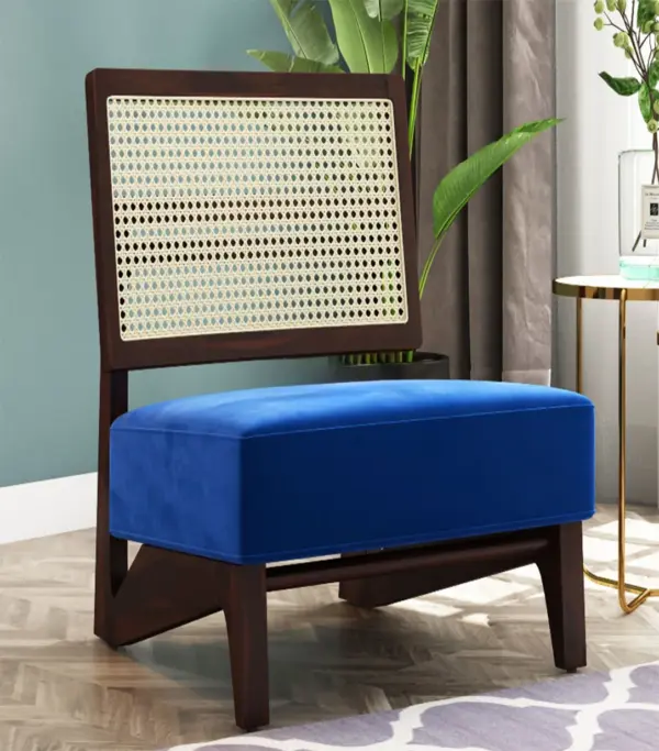 Tyrence Sheesham Wood Frame with Cushioned Velvet Seating Lounge Chair (Indigo Blue with Walnut Finish)