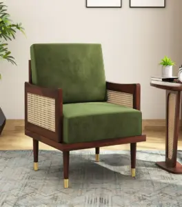Melton Sheesham Wood Frame with Cushioned Velvet Seating Arm Chair (Olive Green with Walnut Finish)