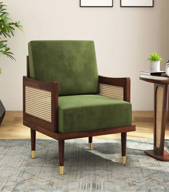 Melton Sheesham Wood Frame with Cushioned Velvet Seating Arm Chair (Olive Green with Walnut Finish)