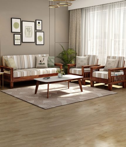 Quartz Printed Fabric Wooden Sofa Set (Honey Cream Stripe)