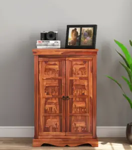 Embross Sheesham Wood Small Sideboard and Cabinet (Honey Finish)