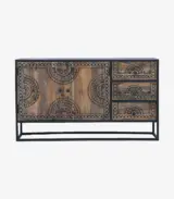 Jeidra Solid Mango Wood with Metal Frame Sideboard and Cabinet (Brown Finish)