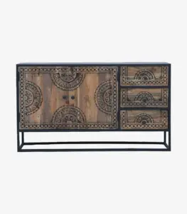 Jeidra Solid Mango Wood with Metal Frame Sideboard and Cabinet (Brown Finish)