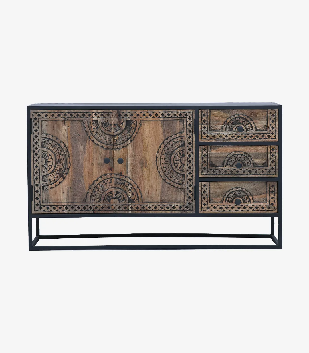Jeidra Solid Mango Wood with Metal Frame Sideboard and Cabinet (Brown Finish)