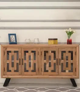Zylo Sheesham Wood Cabinet with 4 Doors (Natural Finish)