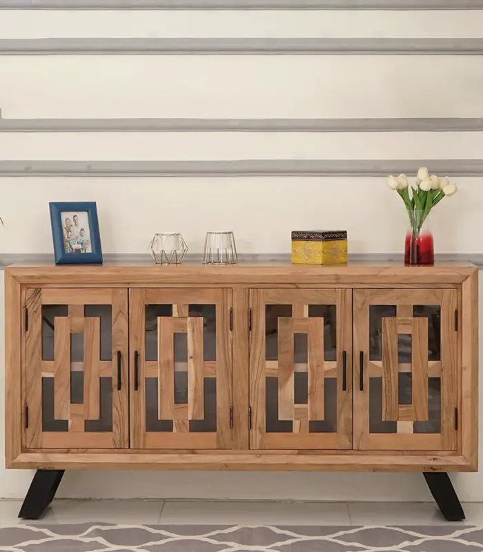 Zylo Sheesham Wood Cabinet with 4 Doors (Natural Finish)