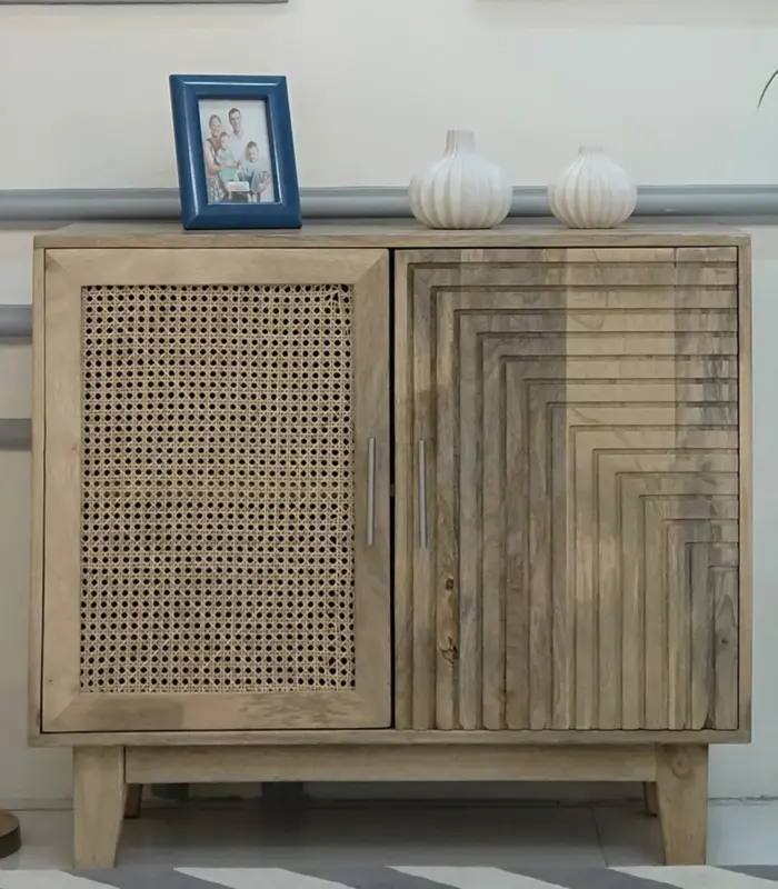 Ethelon Solid Mango Wood with Cane Crafted Sideboard and Cabinet (Natural Finish)