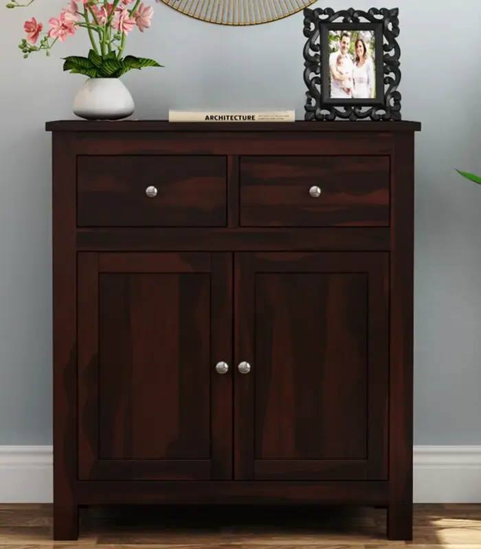 Clovid Sheesham Wood Cabinet with Two Drawers (Walnut Finish)