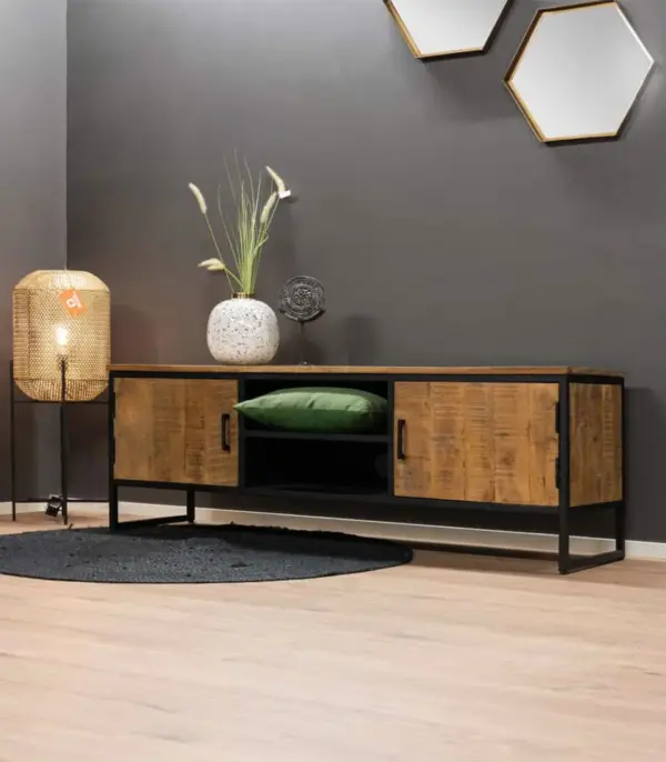 Flavion Solid Mango Wood with Metal Frame Floor Standing TV Unit (Natural Finish)