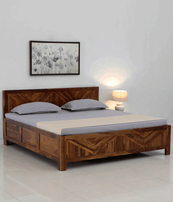 Alpha Sheesham Wood King Size Bed With Box Storage in Light Honey Finish