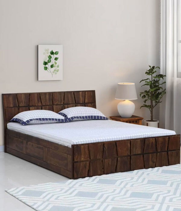 Almen Sheesham Wood Queen Size Bed with Box Storage (Teak Finish)