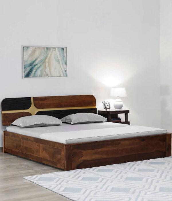 Cartagena Sheesham Wood Queen Size Bed in Scratch Resistant Provincial Teak Finish With Drawer Storage