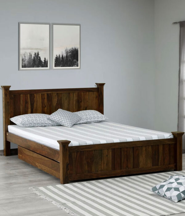 Lorenzo Sheesham Wood Queen Size Bed in Scratch Resistant Provincial Teak Finish With Drawer Storage
