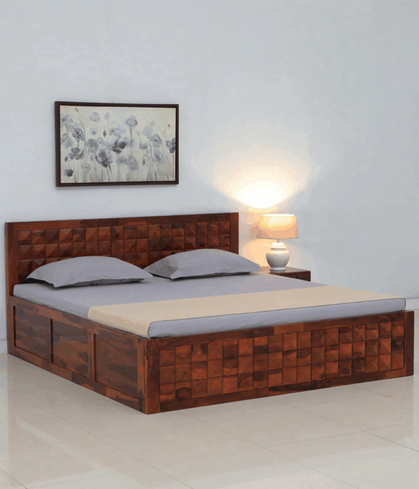 Pluto Sheesham Wood King Size Bed in Dark Brown Colour with Box Storage