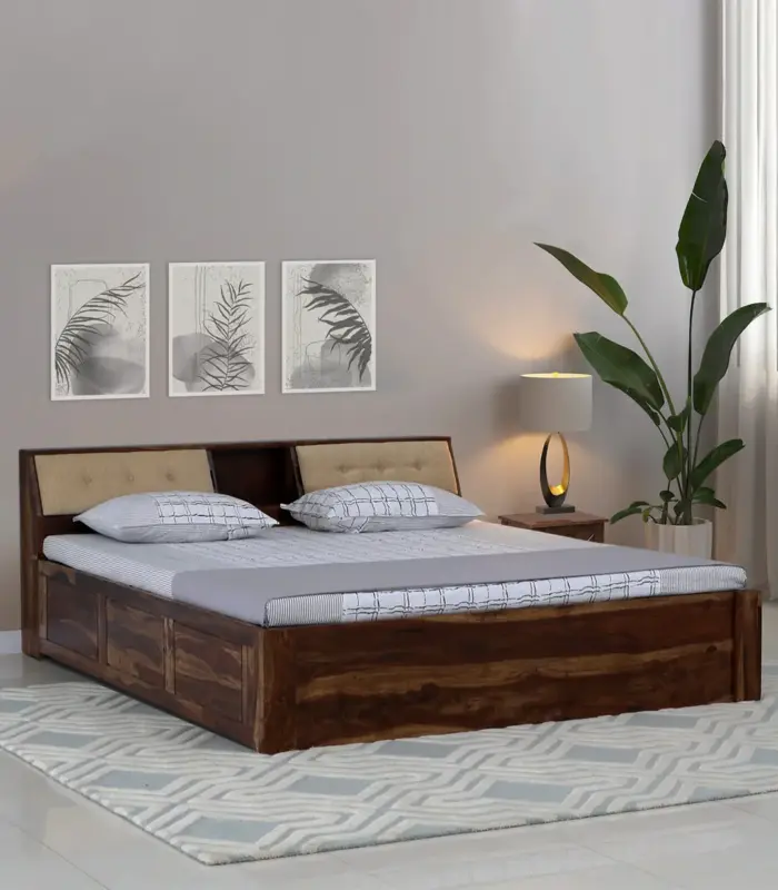 Wedolf Sheesham Wood King Size Bed with Box Storage (Rustic Teak Finish)